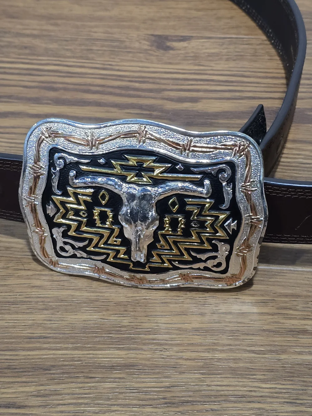 Ariat Dark Brown Leather Belt with Crumrine Silver and Gold Western Buckle 36